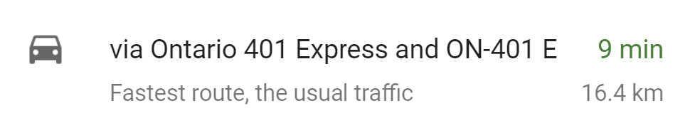 Google maps travel time estimate showing 9 minutes for 16.4 kilometers