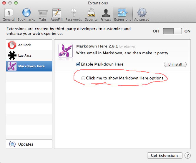 Markdown Here prefs in Safari
